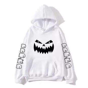 Толстовка с капюшоном на Хэллоуин Kawaii Ghost Pumpkin Print унисекс с капюшоном модная повседневная осенне-зимняя подростковая мужская толстовка с длинным рукавом XS белый