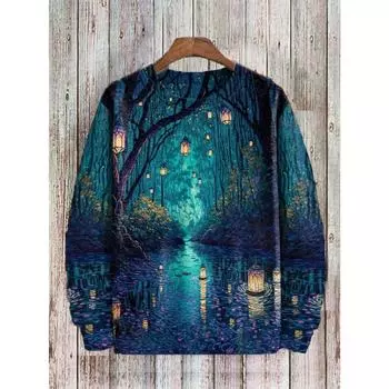 Толстовка с капюшоном на Хэллоуин, мужская футболка с длинным рукавом, свободный свитер с круглым вырезом, 3D-фонарик, графическая футболка с принтом, уличная мужская одежда S