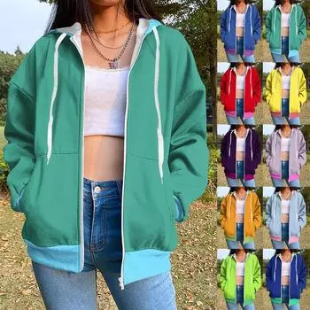 Толстовка с капюшоном на молнии для женщин с длинным рукавом, свободные толстовки для женщин, куртка с карманами, модная одежда на осень L синий
