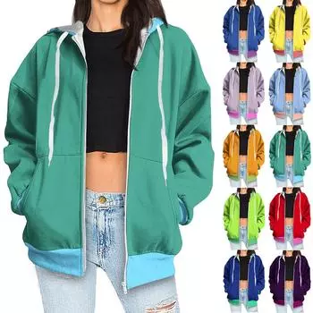 Толстовка с капюшоном на молнии для женщин с длинным рукавом, свободные толстовки для женщин, куртка с карманами, модная одежда на осень XXXL