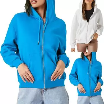 Толстовка с капюшоном на молнии для женщин с длинным рукавом, свободные толстовки для женщин, куртка с карманами, модная одежда на осень XL белый