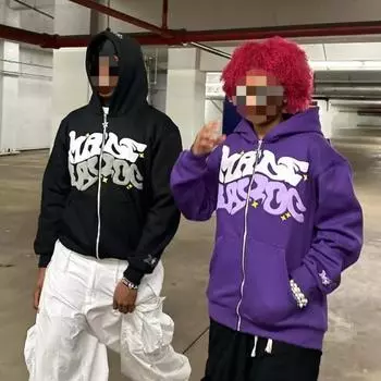 Толстовка с капюшоном на молнии с буквенным принтом в стиле ретро и европейской и американской уличной моды для мужчин и женщин S чёрный