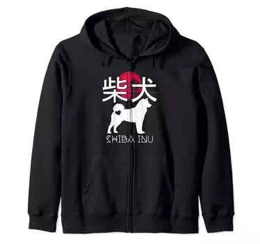 Толстовка с капюшоном на молнии с изображением собаки сиба-ину в японском стиле чёрный
