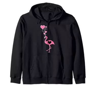 Толстовка с капюшоном на молнии с милыми сердечками фламинго I Love Flamingos - чёрный