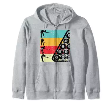 Толстовка с капюшоном на молнии с принтом ретро-бильярда, снукера, бильярдного кия, 8 шаров, мела серый