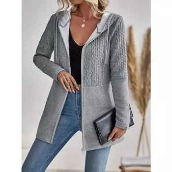 Толстовка с капюшоном на молнии с текстурой, повседневная куртка с длинным рукавом и завязками на осень и зиму, женская одежда S серый