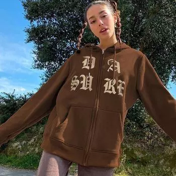 Толстовка с капюшоном на молнии в стиле ретро с вышитыми буквами Y2K One Size коричневый