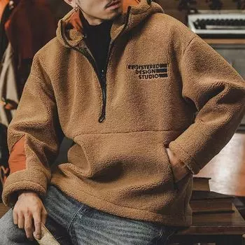 Толстовка с капюшоном на молнии в стиле ретро, мужская осенне-зимняя куртка, теплая толстовка с капюшоном, свободная, большого размера, плюшевая, с длинными рукавами M хаки