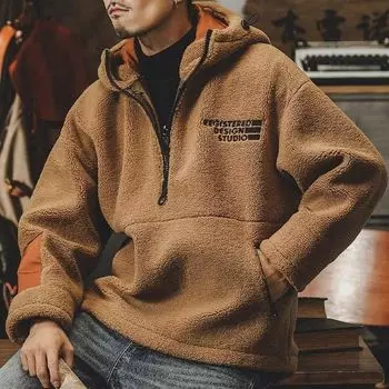 Толстовка с капюшоном на молнии в стиле ретро, мужская осенне-зимняя куртка, теплая толстовка с капюшоном, свободная, большого размера, плюшевая, с длинными рукавами M хаки