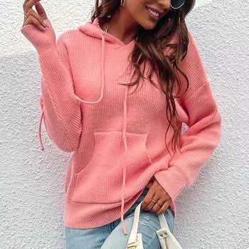 Толстовка с капюшоном, однотонный карманный вязаный повседневный свитер для женщин S розовый