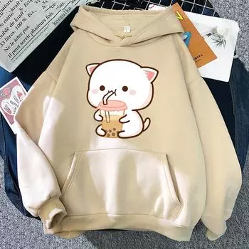 Толстовка с капюшоном Peach and Goma для женщин Harajuku Cute Kawaii Cat Boba Milk Tea Hoodies Unisex Autumn Winter Funny Graphic Hooded Hooded Hoody S