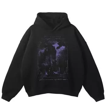 Толстовка с капюшоном размера плюс с принтом «Таинственный замок» унисекс S чёрный