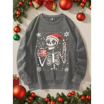 Толстовка с капюшоном размера плюс SHEIN Essnce Christmas Skeleton & Snowflake Print S