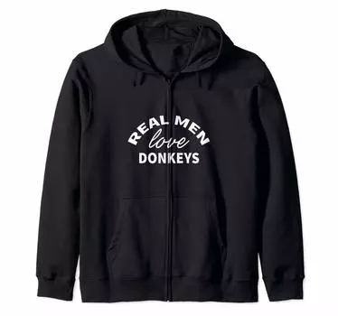 Толстовка с капюшоном Real Men Love Donkeys на молнии чёрный