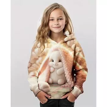 Толстовка с капюшоном с 3D-графикой и кроликом для девочек, с длинным рукавом, осенне-зимняя мода, очаровательная, базовая, для детей 4-12 лет, с капюшоном, для активного отдыха, повседневная, стандартная посадка 100