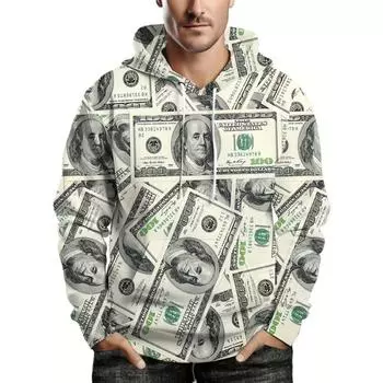 Толстовка с капюшоном с 3D-принтом денег больших размеров для мужчин — повседневная толстовка с длинными рукавами и дизайном пуловера для непринужденной посадки и комфортного ношения 2XL