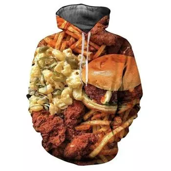 Толстовка с капюшоном с 3D-принтом «гамбургер, картофель фри» Модная повседневная толстовка с забавным рисунком фастфуда Мужская толстовка с длинными рукавами Оверсайз Топы Пальто S