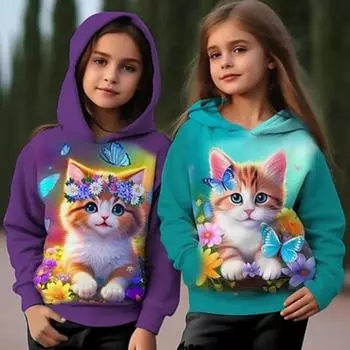 Толстовка с капюшоном с 3D-принтом и цветочным принтом для девочек, с длинным рукавом, с 3D-принтом, осень-зима, активная, модная, симпатичная, из полиэстера, для детей 3-12 лет, для активного отдыха, повседневная, стандартная посадка 100CM