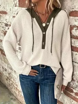 Толстовка с капюшоном с цветными блоками и застежкой спереди на пуговицах, повседневная толстовка с капюшоном с длинными рукавами, женская одежда S