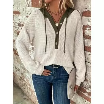 Толстовка с капюшоном с цветными блоками и застежкой спереди на пуговицах, повседневная толстовка с капюшоном с длинными рукавами, женская одежда S бежевый