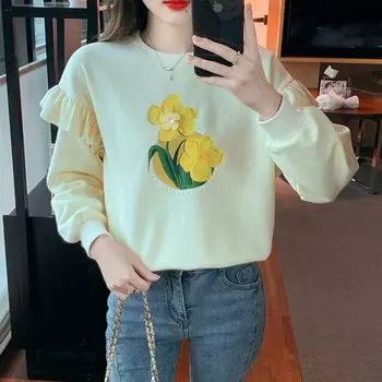 Толстовка с капюшоном с круглым вырезом и трехмерным цветочным принтом, с оборками по краям, для женщин, новый, с длинными рукавами, универсальный, свободный и модный топ S абрикосовый