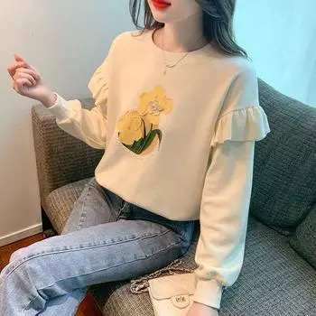 Толстовка с капюшоном с круглым вырезом и трехмерным цветочным принтом, с оборками по краям, для женщин, новый, с длинными рукавами, универсальный, свободный и модный топ S абрикосовый