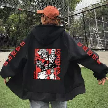 Толстовка с капюшоном с принтом Киришимы Эйдзиро в стиле аниме «My Hero Academia» для мужчин и женщин, на молнии, свободная повседневная толстовка в стиле Харадзюку XS чёрный