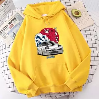 Толстовка с капюшоном с принтом японских автомобилей, волн, крана, красного солнца XS фиолетовый