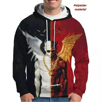 Толстовка с капюшоном с рисунком ангела и демона для мужчин, толстовки с 3D-принтом и изображением крест-накрест, повседневные свободные свитера с длинными рукавами S