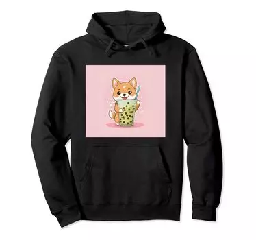 Толстовка с капюшоном Shiba Bubble Stuff Print Kawaii, Dog, Inu, Boba, Tea, Cute, чёрный