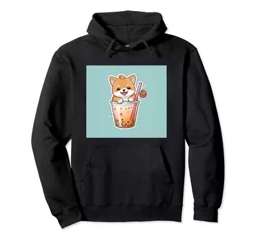 Толстовка с капюшоном Shiba Bubble Stuff Print Kawaii, Dog, Inu, Boba, Tea, Cute, чёрный