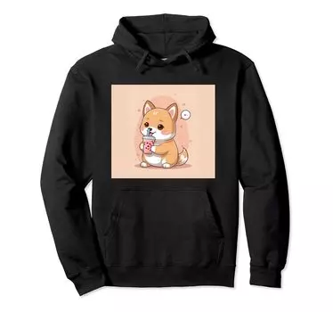 Толстовка с капюшоном Shiba Bubble Stuff Print Kawaii, Dog, Inu, Boba, Tea, Cute, чёрный