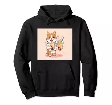 Толстовка с капюшоном Shiba Bubble Stuff Print Kawaii, Dog, Inu, Boba, Tea, Cute, чёрный