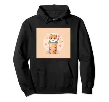 Толстовка с капюшоном Shiba Bubble Stuff Print Kawaii, Dog, Inu, Boba, Tea, Cute, чёрный