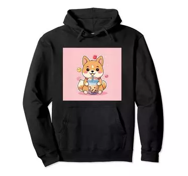 Толстовка с капюшоном Shiba Bubble Stuff Print Kawaii, Dog, Inu, Boba, Tea, Cute, чёрный