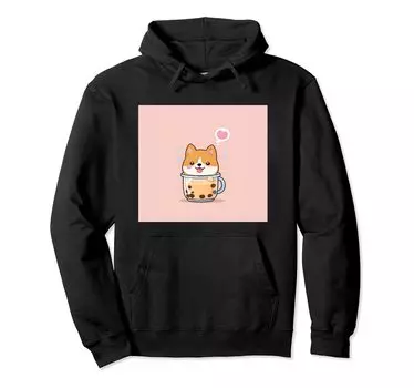Толстовка с капюшоном Shiba Bubble Stuff Print Kawaii, Dog, Inu, Boba, Tea, Cute, чёрный