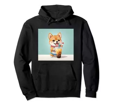 Толстовка с капюшоном Shiba Bubble Stuff Print Kawaii, Dog, Inu, Boba, Tea, Cute, чёрный
