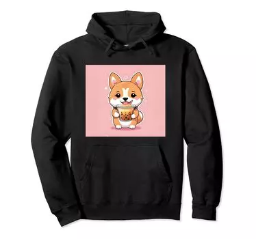 Толстовка с капюшоном Shiba Bubble Stuff Print Kawaii, Dog, Inu, Boba, Tea, Cute, чёрный
