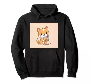 Толстовка с капюшоном Shiba Bubble Stuff Print Kawaii, Dog, Inu, Boba, Tea, Cute, чёрный