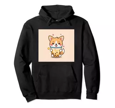 Толстовка с капюшоном Shiba Bubble Stuff Print Kawaii, Dog, Inu, Boba, Tea, Cute, чёрный