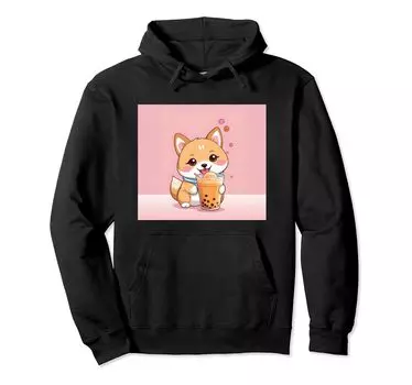Толстовка с капюшоном Shiba Bubble Stuff Print Kawaii, Dog, Inu, Boba, Tea, Cute, чёрный