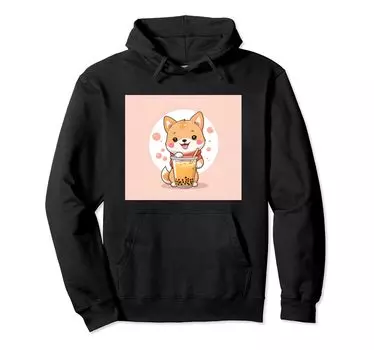Толстовка с капюшоном Shiba Bubble Stuff Print Kawaii, Dog, Inu, Boba, Tea, Cute, чёрный