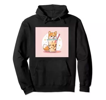 Толстовка с капюшоном Shiba Bubble Stuff Print Kawaii, Dog, Inu, Boba, Tea, Cute, чёрный