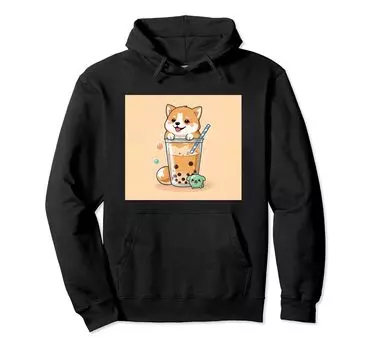 Толстовка с капюшоном Shiba Bubble Stuff Print Kawaii, Dog, Inu, Boba, Tea, Cute, чёрный