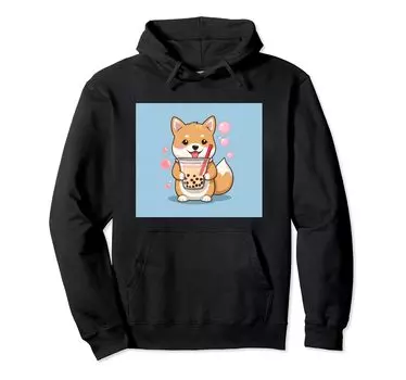 Толстовка с капюшоном Shiba Bubble Stuff Print Kawaii, Dog, Inu, Boba, Tea, Cute, чёрный