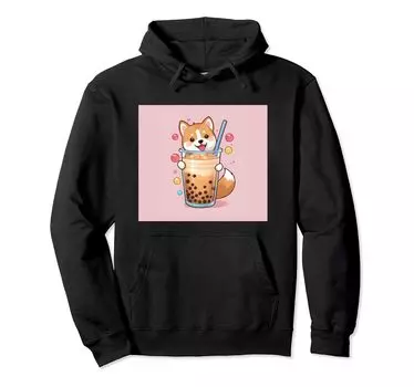 Толстовка с капюшоном Shiba Bubble Stuff Print Kawaii, Dog, Inu, Boba, Tea, Cute, чёрный