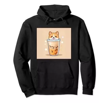 Толстовка с капюшоном Shiba Bubble Stuff Print Kawaii, Dog, Inu, Boba, Tea, Cute, чёрный