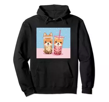 Толстовка с капюшоном Shiba Bubble Stuff Print Kawaii, Dog, Inu, Boba, Tea, Cute, чёрный