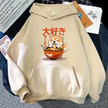Толстовка с капюшоном Shiba Inu Slurping Ramen Noodles Cartoon Kawaii Cat Graphic Sweatshirt Cool Anime Pullover Women Men Clothing M