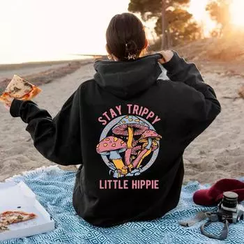 Толстовка с капюшоном Stay Trippy Little Hippie Толстовка с капюшоном в стиле гриба Толстовка с капюшоном в стиле ретро-хиппи Пуловер Nature Lover Одежда с растительным принтом S чёрный